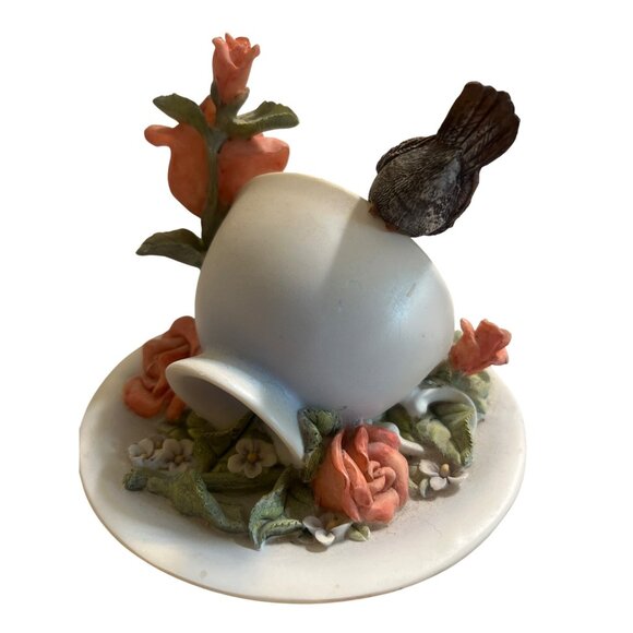 Vintage Teacup Birds Roses Figurine Resin Young Inc 6" across 5.5" Tall - Picture 3 of 3